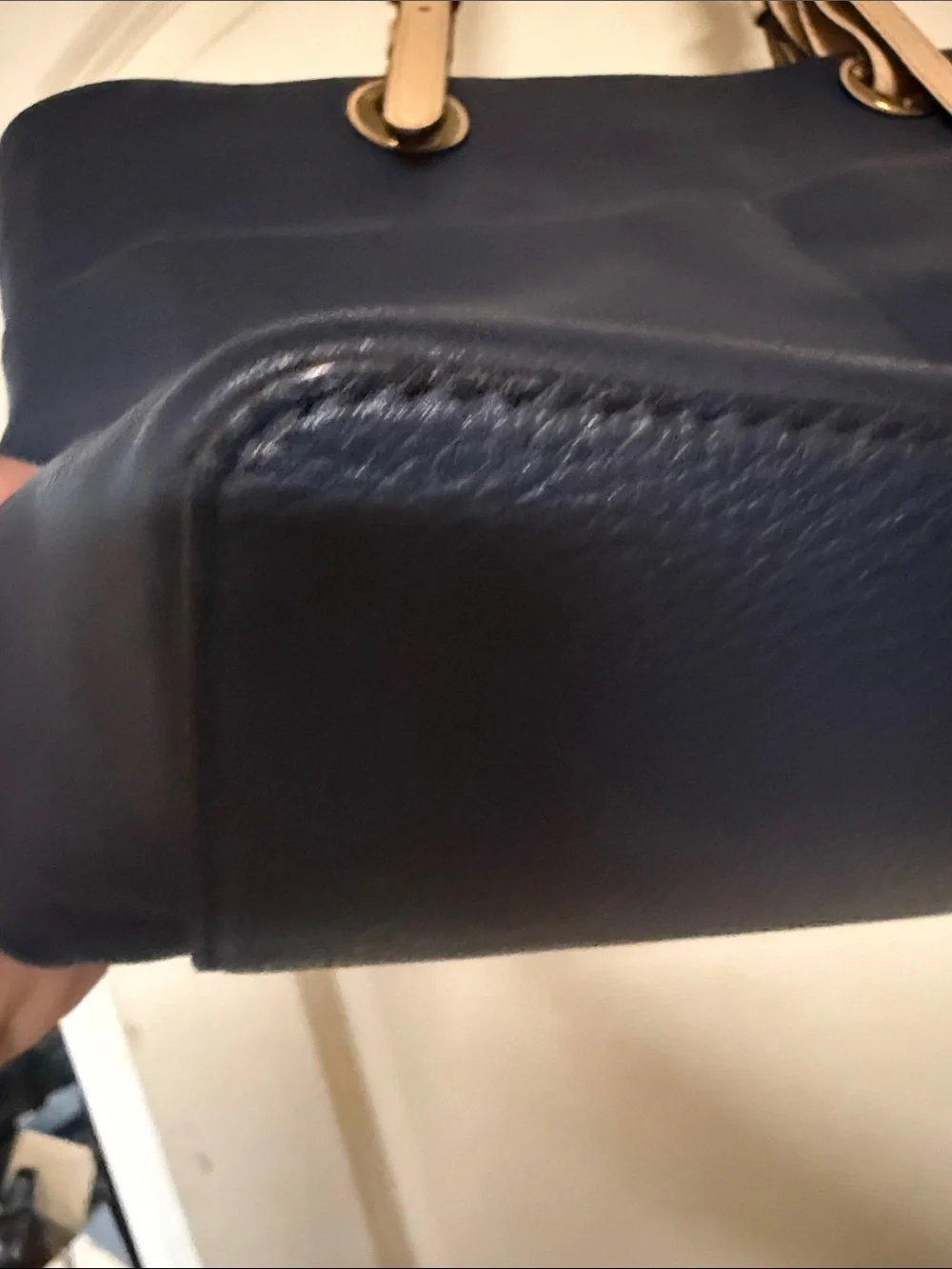 Michael Kors Navy Leather Tote with Beige Straps